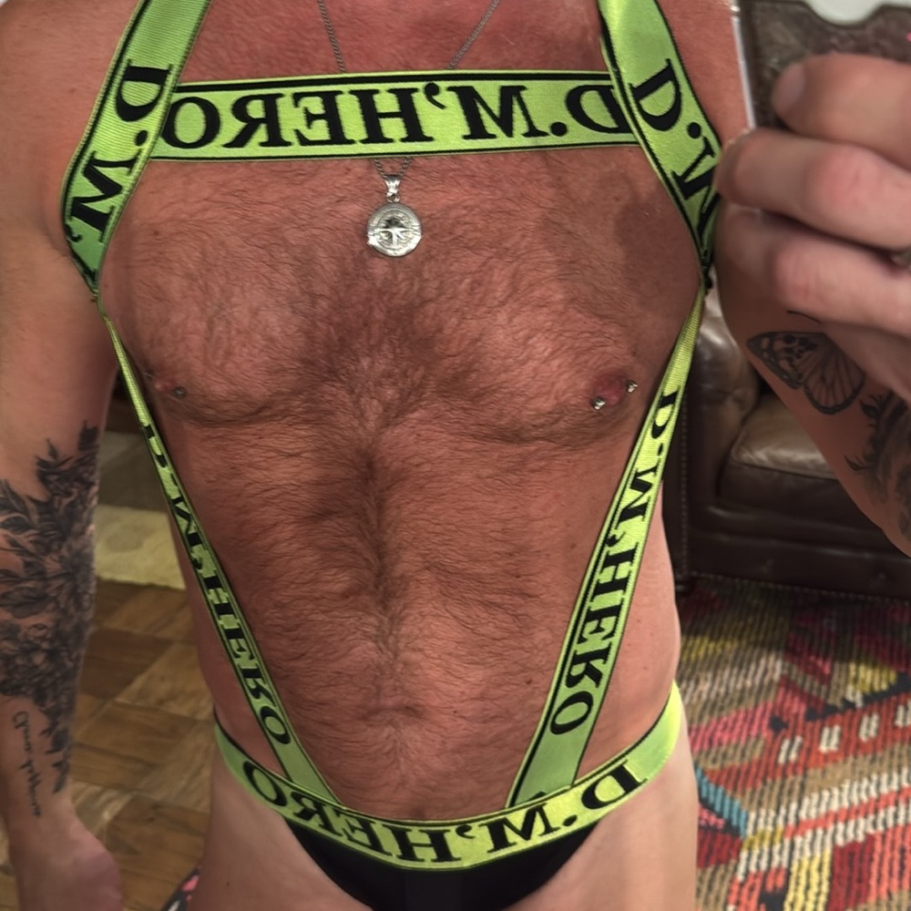 Super sexy, gay, fetish, jockstrap, and harness combo in neon, green and black